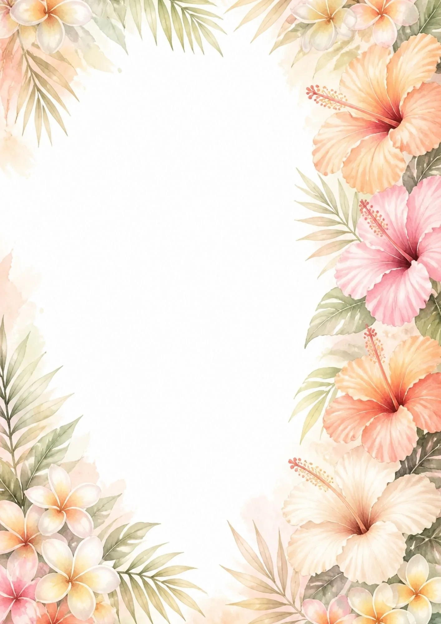 Tropical flower wreath border with hibiscus flowers, plumeria blossoms, and watercolor foliage.