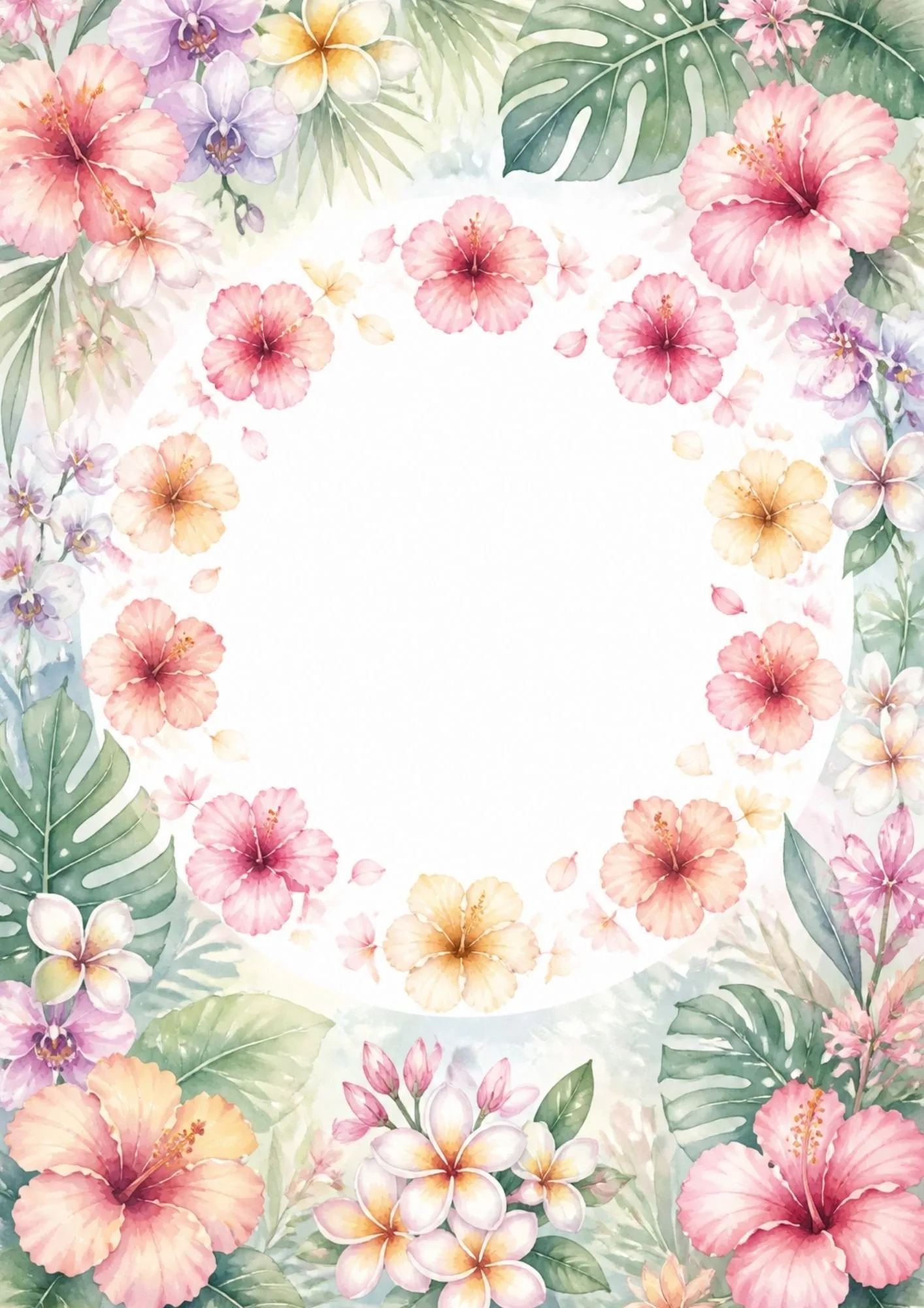 Tropical sunset border with ocean scenery, hibiscus flowers, plumeria blossoms, and palm leaves.