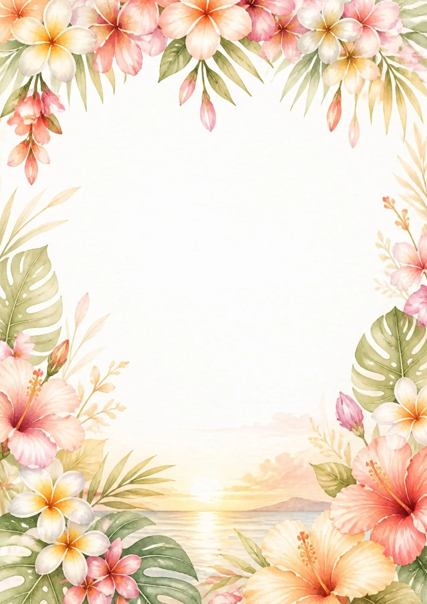 Tropical hibiscus border with large flowers, plumeria blossoms, and watercolor tropical leaves.