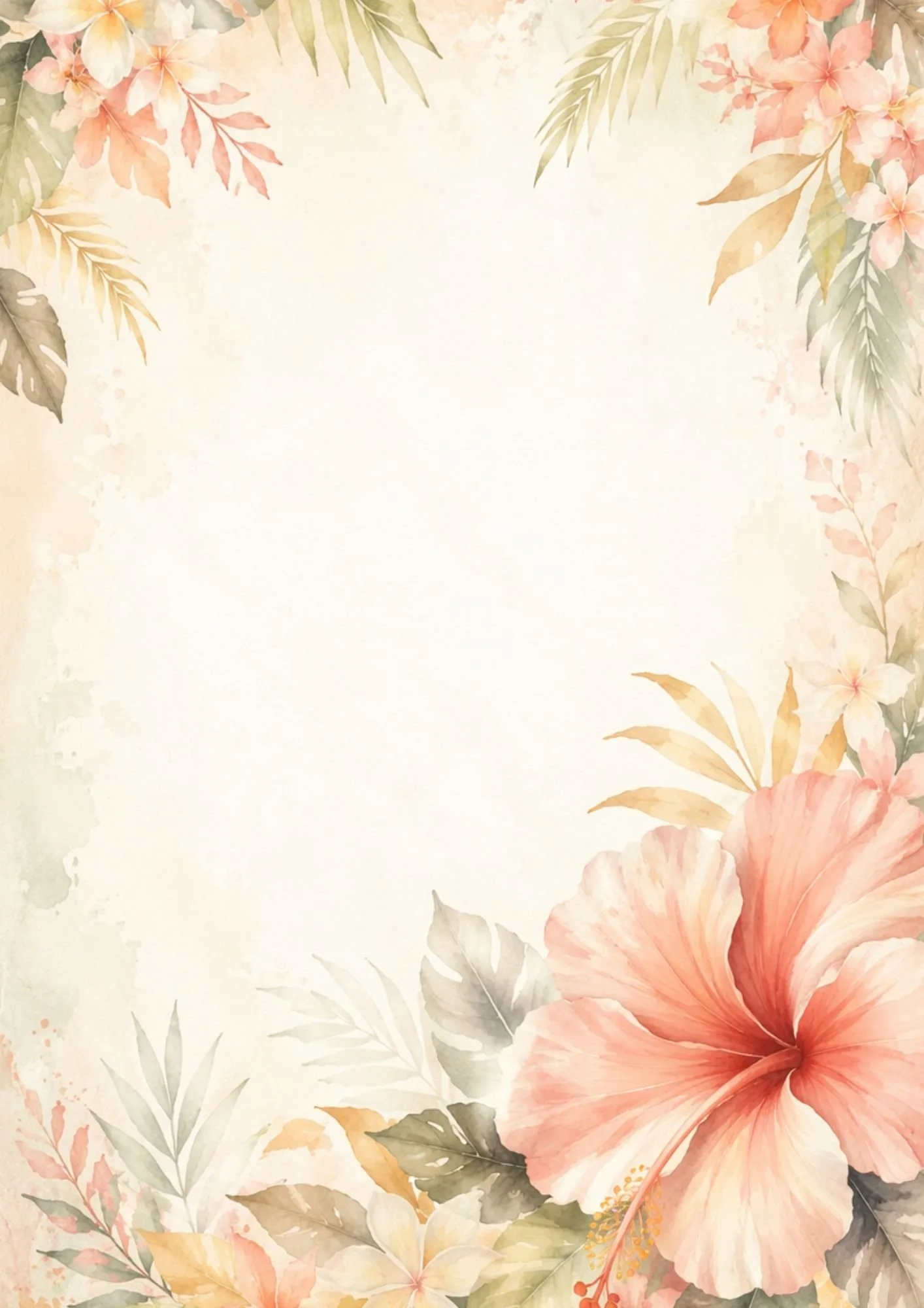 Tropical watercolor border with a large hibiscus flower, soft leaves, and floral accents around a blank center.