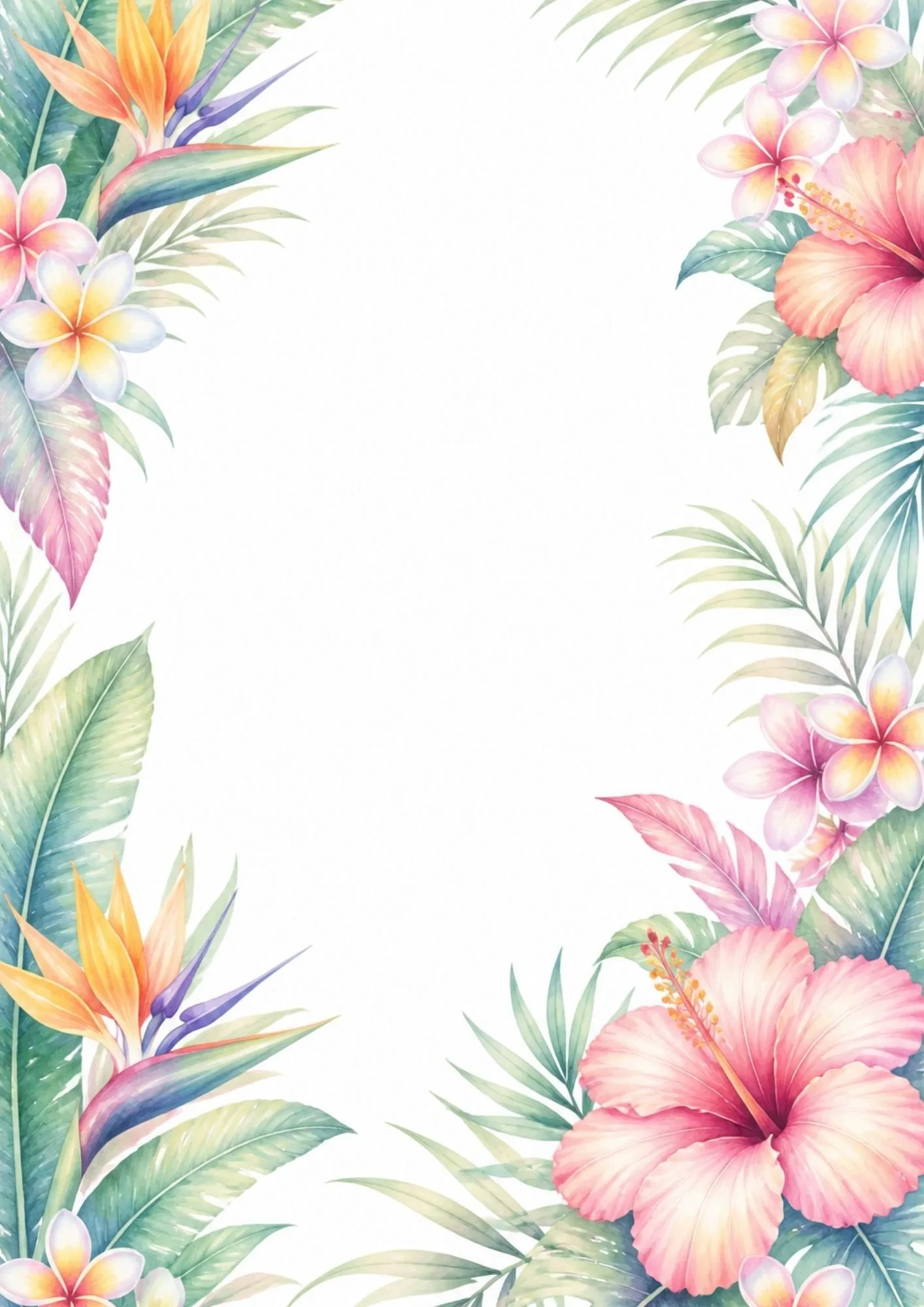 Colorful tropical floral border with hibiscus flowers, bird-of-paradise blooms, and green tropical leaves.