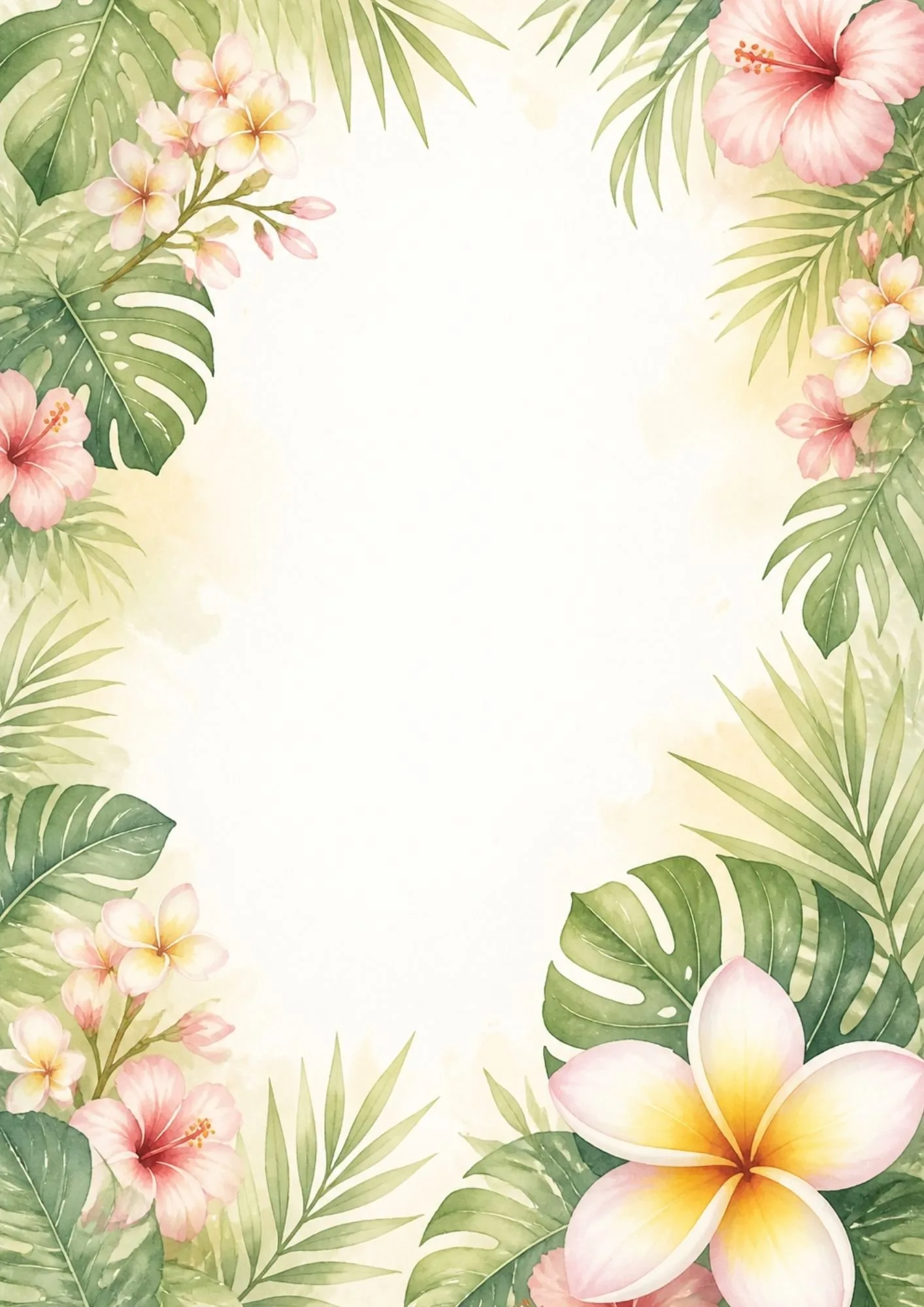 Tropical botanical border with monstera leaves, hibiscus flowers, and plumeria blossoms surrounding a blank center.