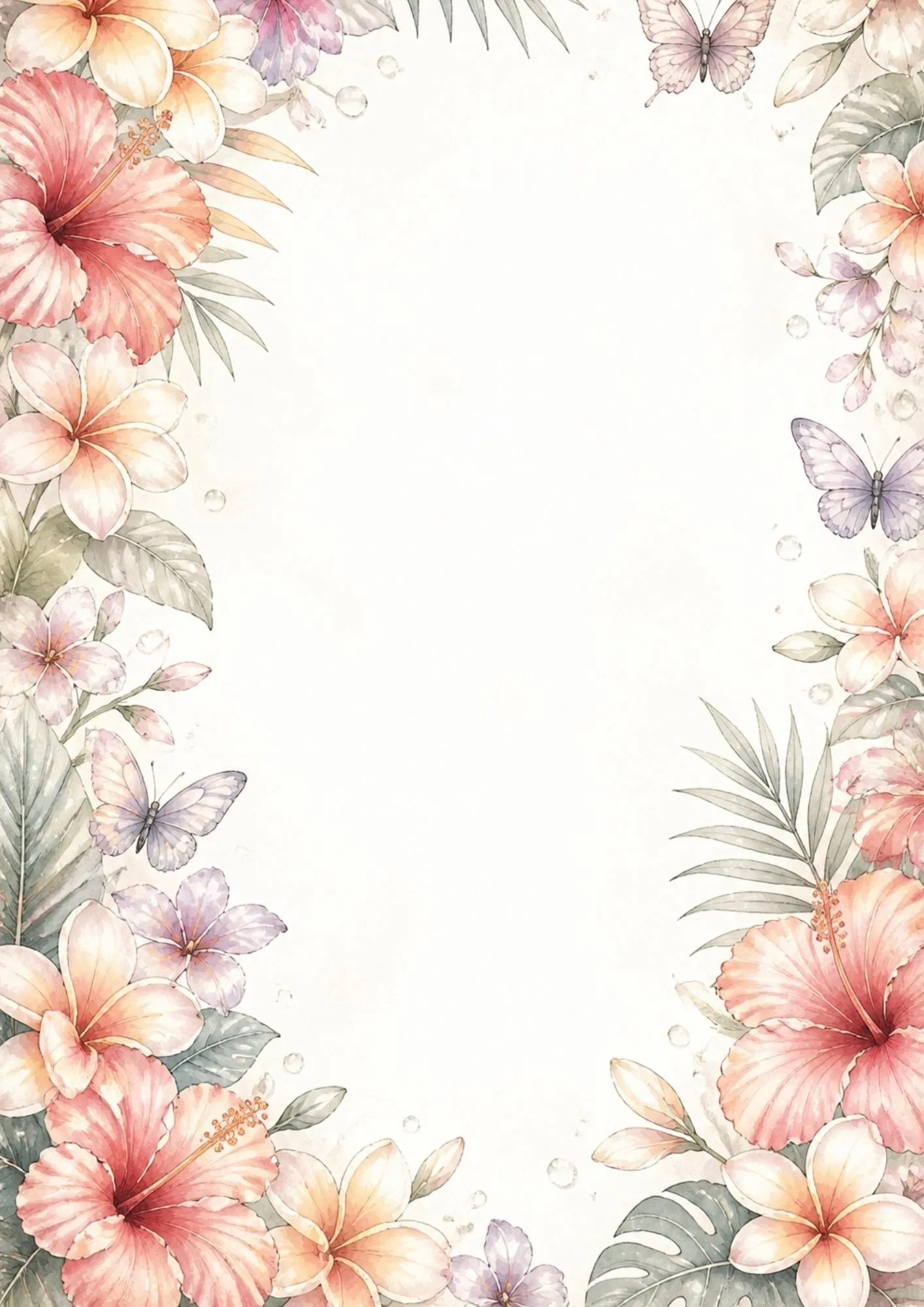 Tropical floral border with hibiscus flowers, butterflies, and soft watercolor leaves around a blank center.