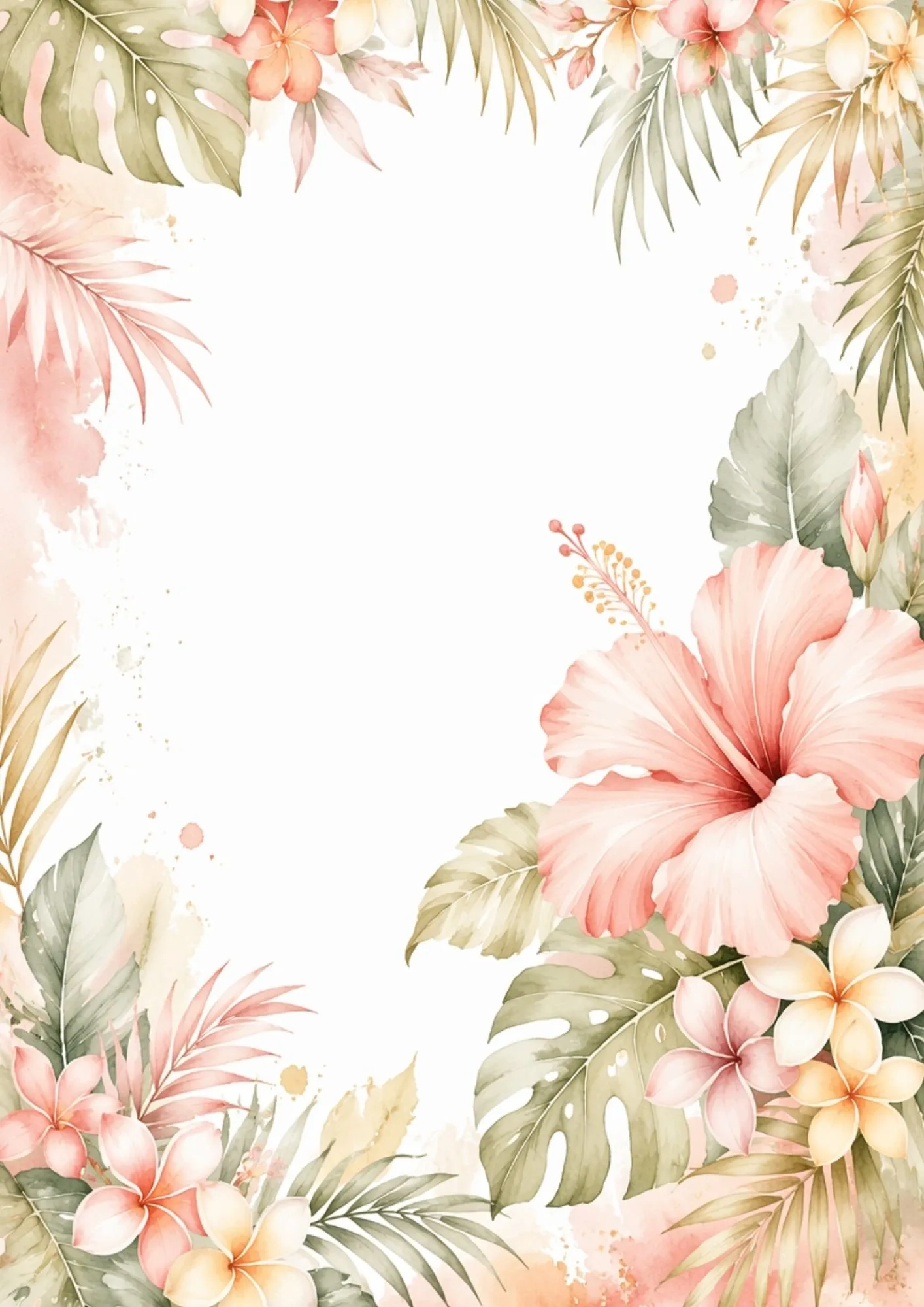 Pastel tropical border featuring a large hibiscus flower, palm leaves, and watercolor botanical elements.