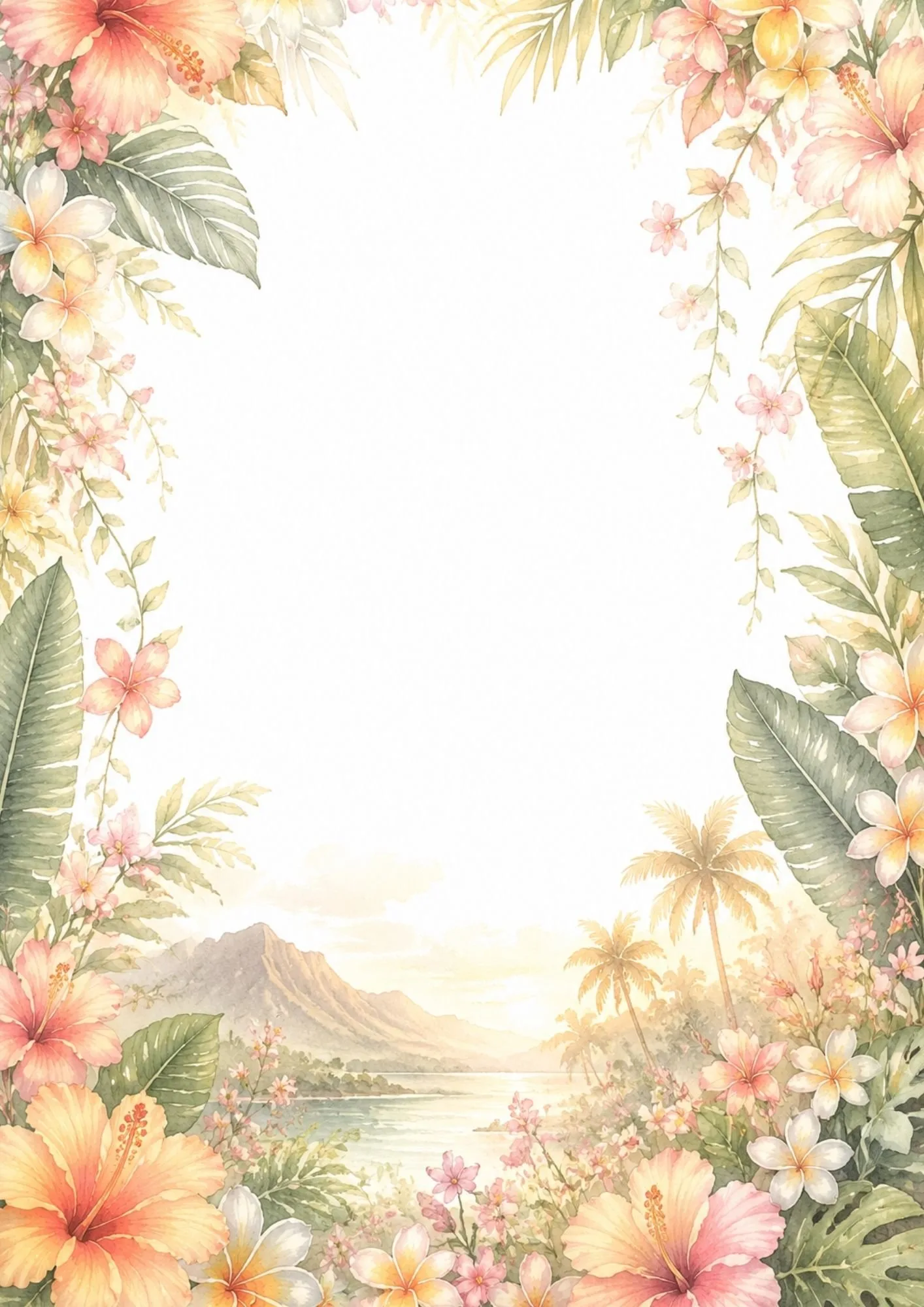 Tropical floral border with a lagoon landscape, palm trees, hibiscus flowers, and tropical leaves.
