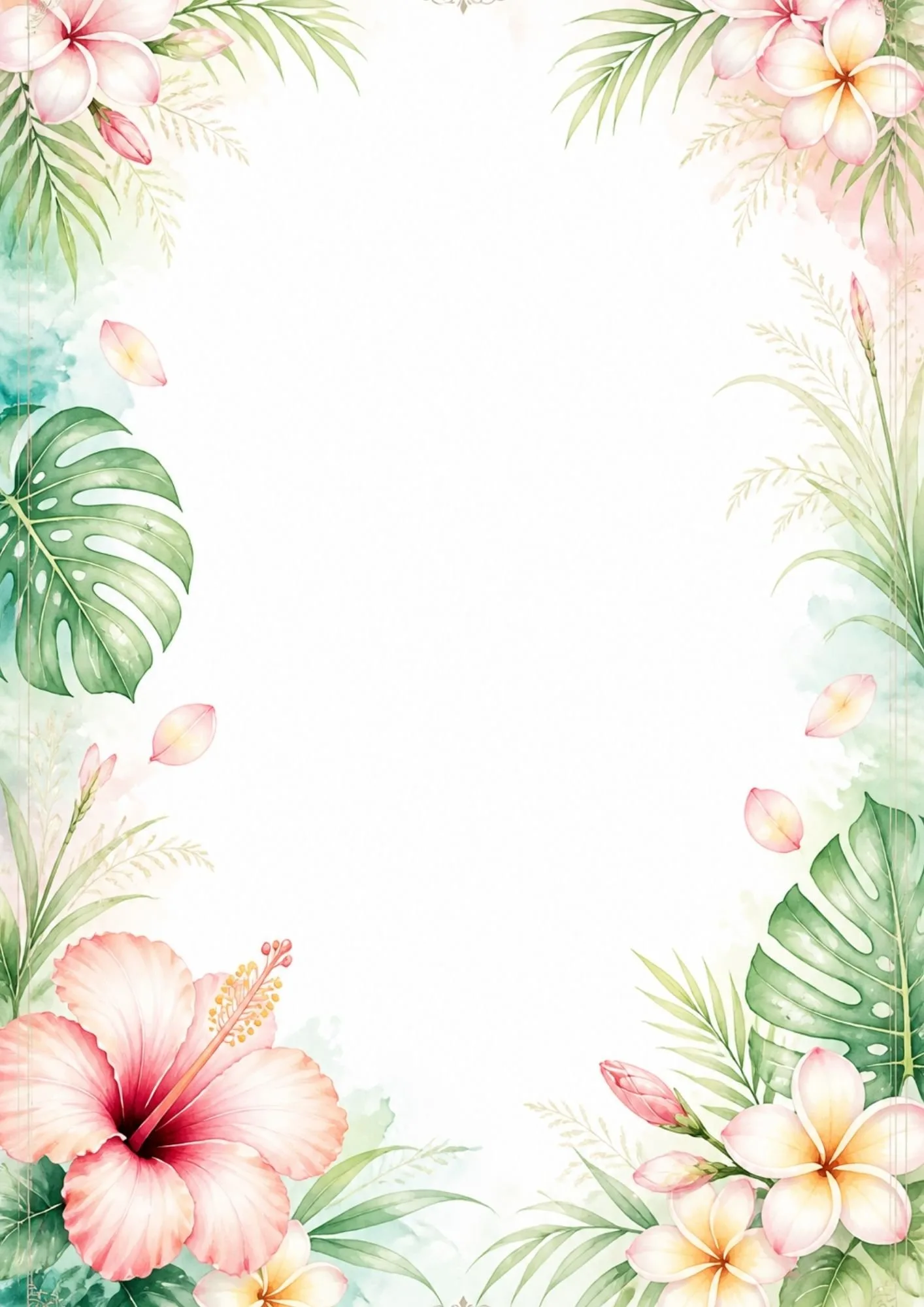Tropical border with plumeria flowers, monstera leaves, and watercolor foliage surrounding a blank page.