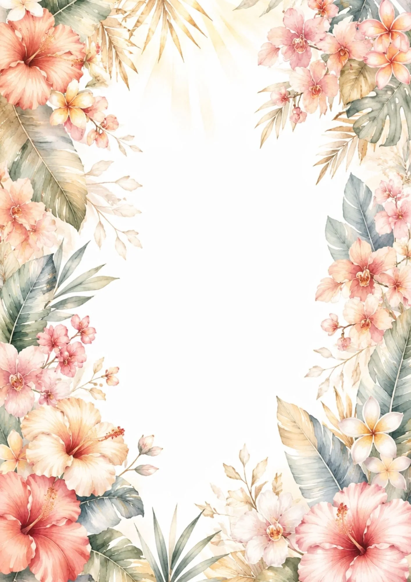 Floral tropical border with pastel blossoms, tropical foliage, and soft watercolor details.