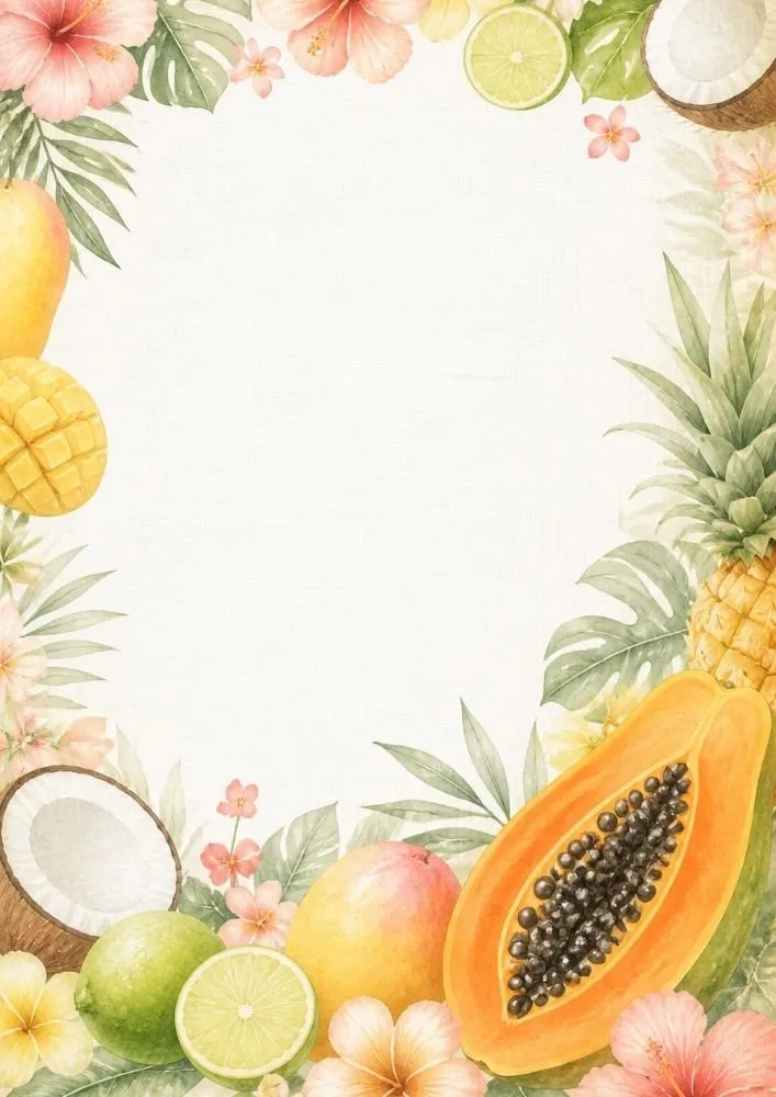 Tropical fruit border with papaya, pineapple, mangoes, coconuts, limes, and hibiscus flowers.
