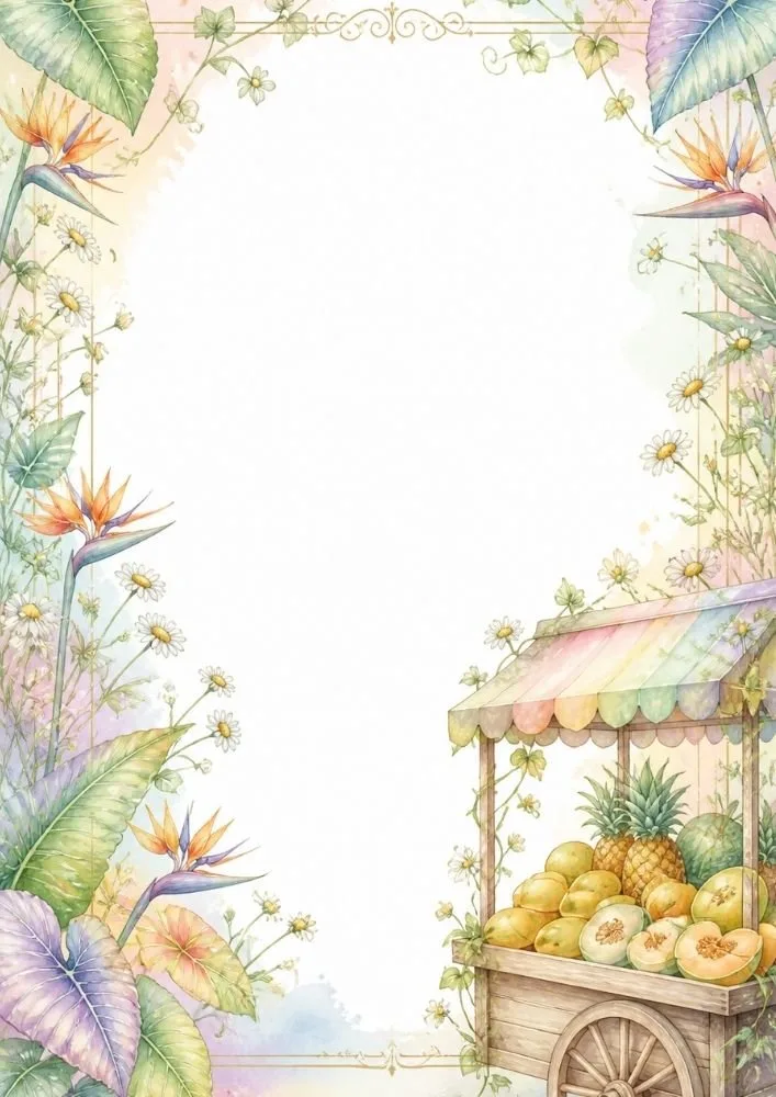 Banana cluster with passion fruit and tropical botanical accents.