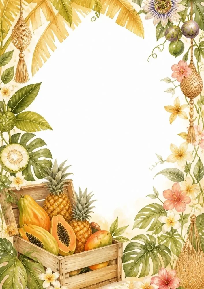 Tropical fruit tray with mango, kiwi, dragon fruit, and floral decorations.