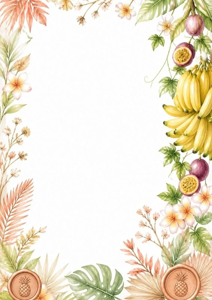 Tropical fruits and glowing lanterns surrounding a blank page area.