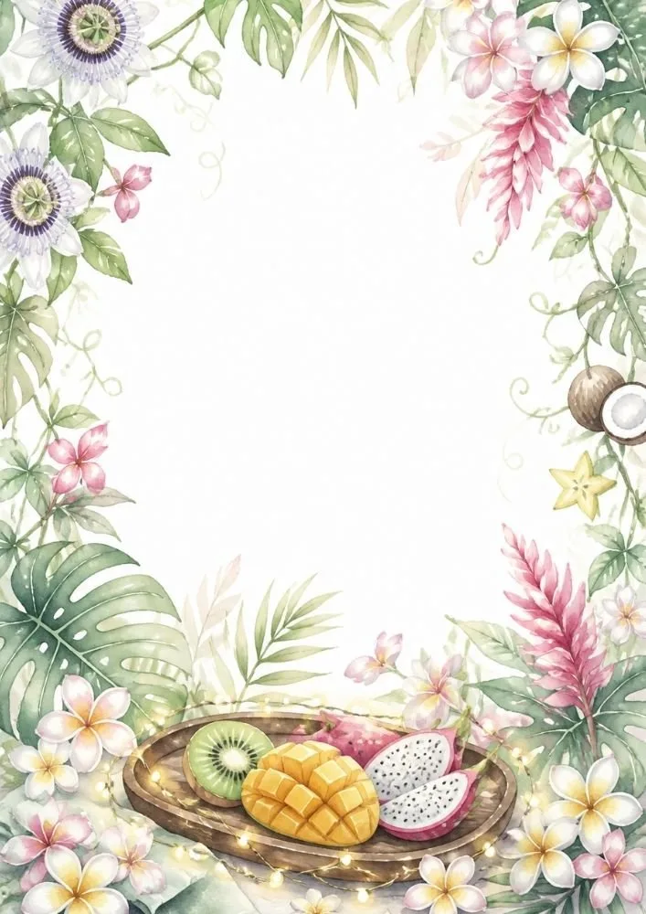 Tropical fruit cart with melons, pineapples, and colorful flowers.