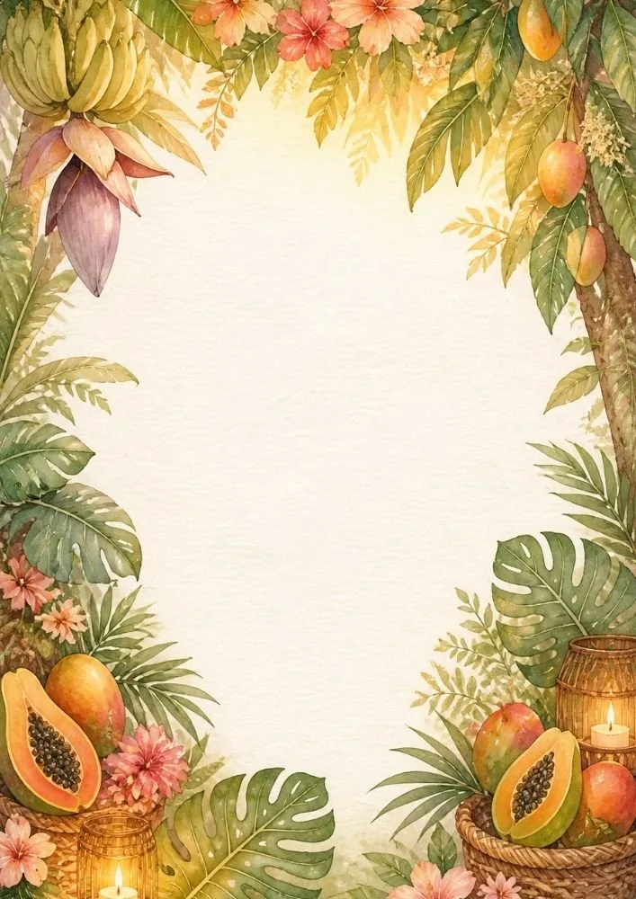 Tropical flowers, coconuts, dragon fruit, and exotic fruits framing a blank center.