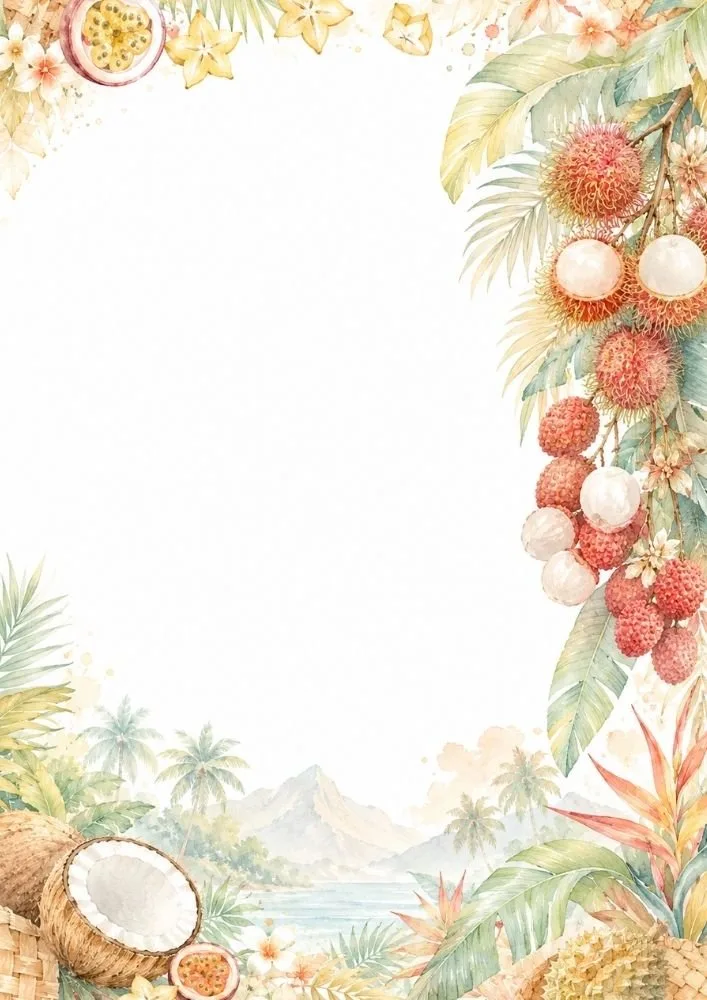 Rambutan fruits and tropical plants framing a scenic island shoreline.