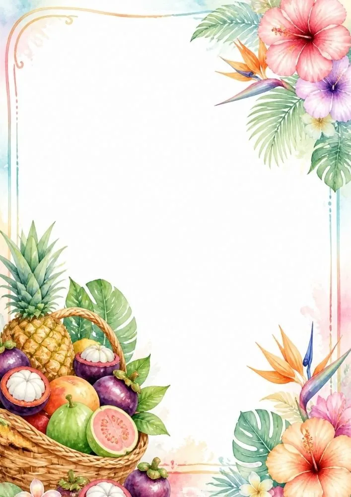 Basket of tropical fruits with hibiscus flowers and palm leaves around a blank center.