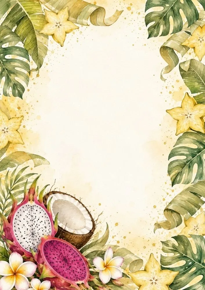 Dragon fruit, coconut, starfruit, and tropical foliage surrounding a writing space.