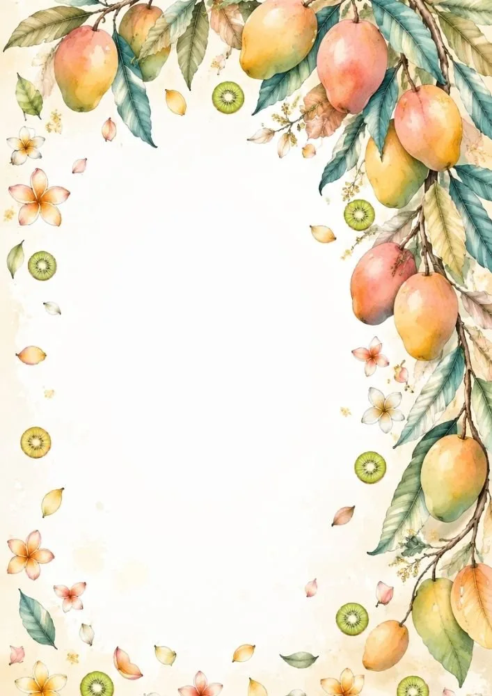Hanging mangoes and tropical flowers framing a soft watercolor page.