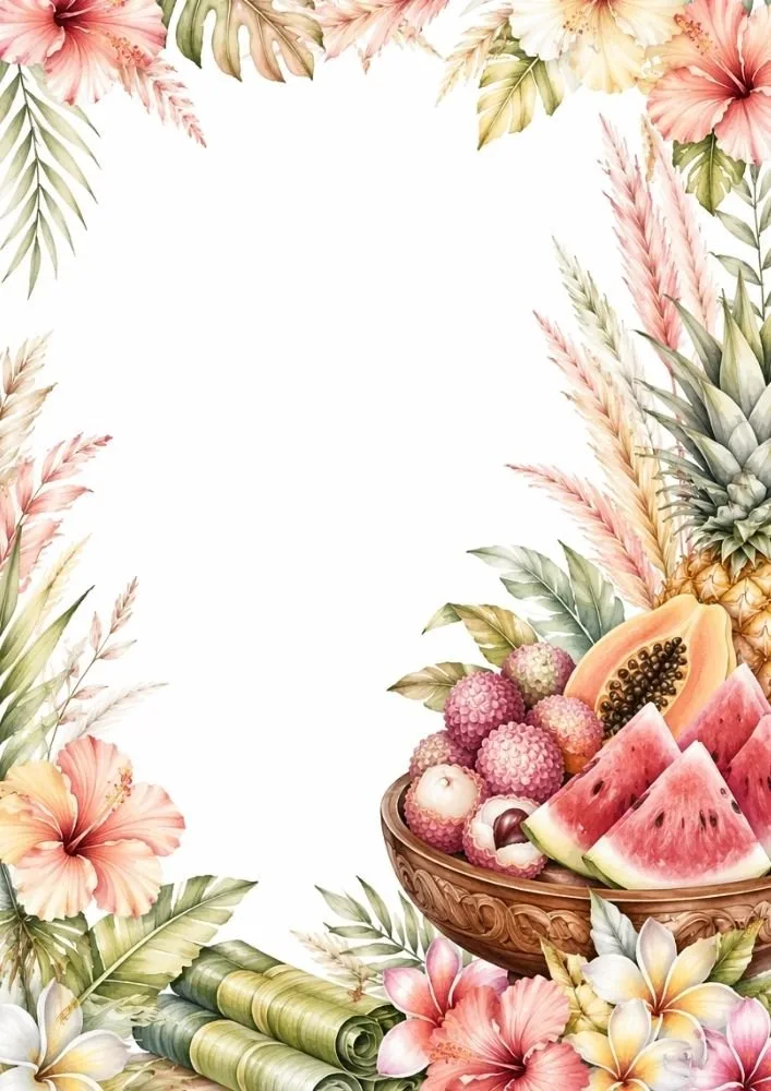 Tropical fruit bowl with watermelon, papaya, pineapple, and flowers.