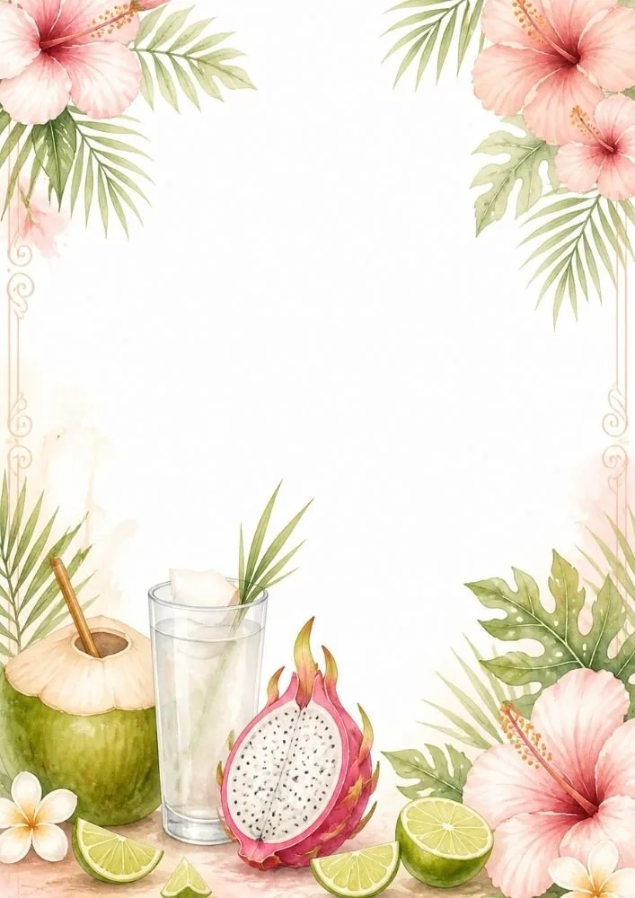 Coconut drink, dragon fruit, limes, and tropical flowers decorating a border.