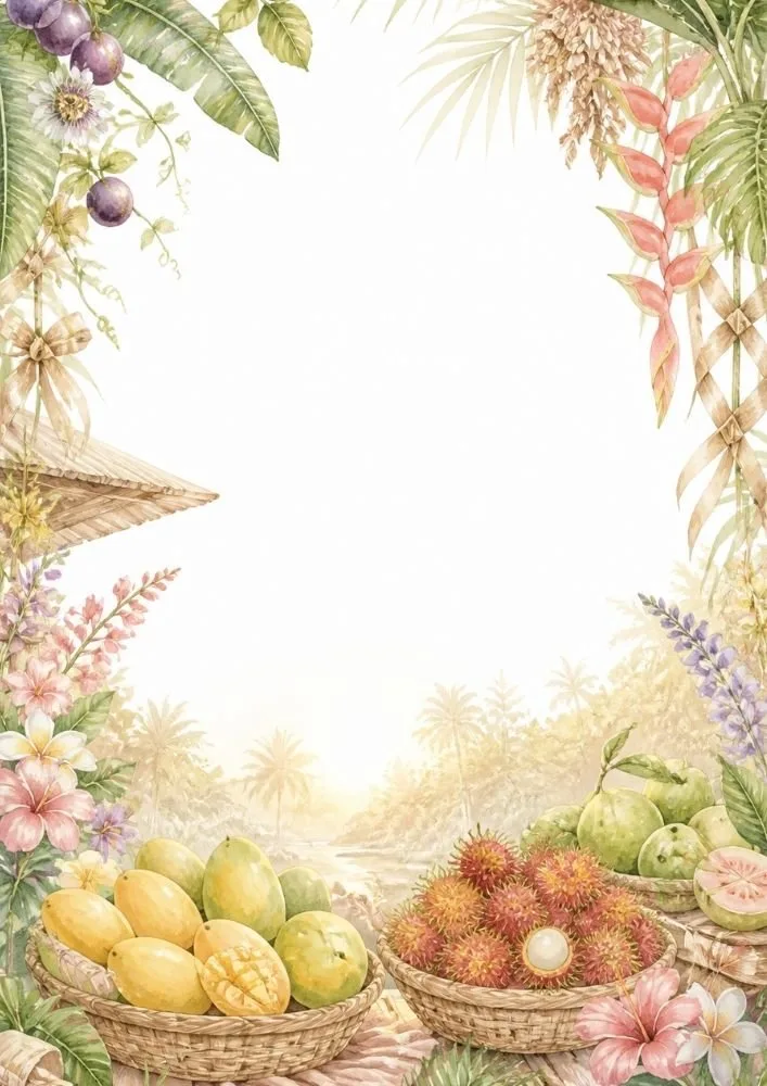 Tropical fruit baskets with mangoes and rambutans overlooking a tropical river.
