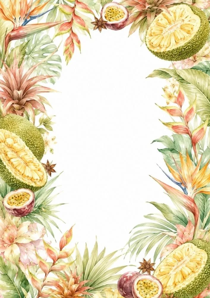 Jackfruit and tropical flowers surrounding a blank center space.