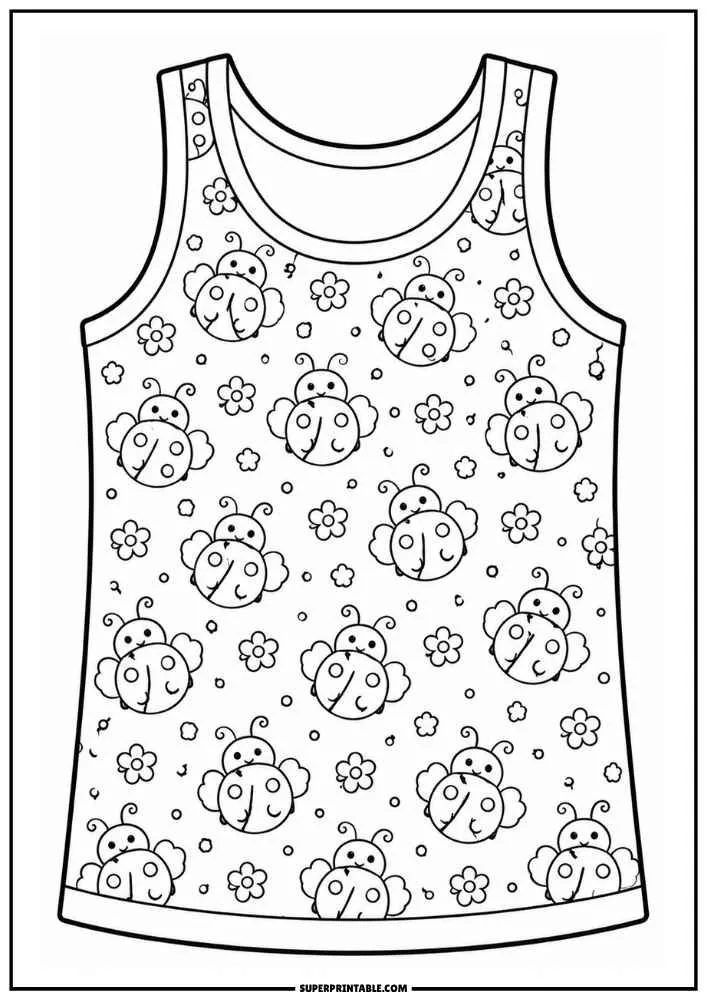A vest coloring page filled with ladybugs, flowers, and small decorative dots.