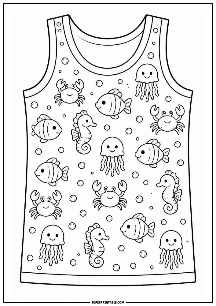 A vest covered with fish, jellyfish, crabs, seahorses, and bubbles.