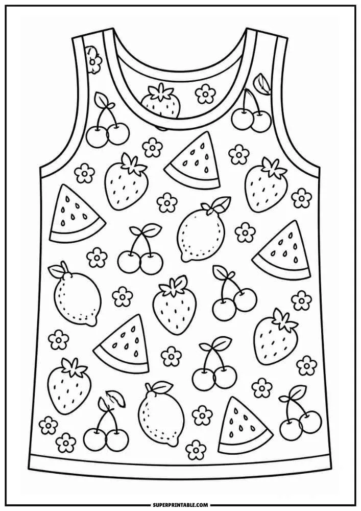 A vest decorated with strawberries, cherries, lemons, watermelon, and flowers.