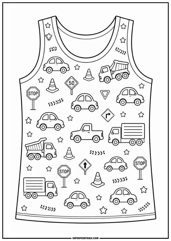 A vest featuring cars, trucks, traffic signs, and traffic cones.