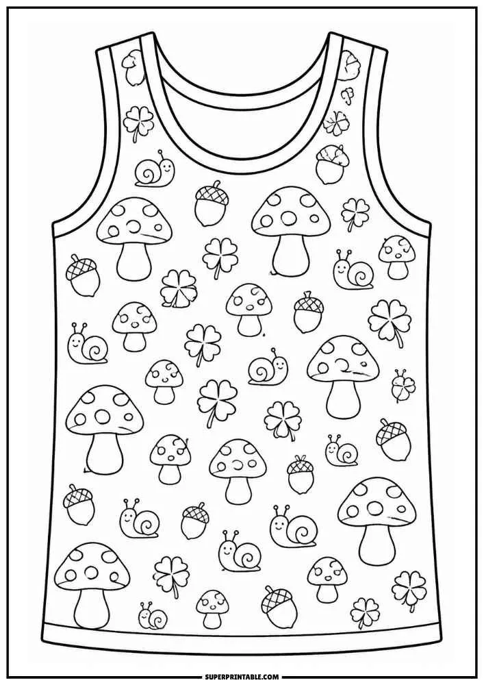A vest decorated with mushrooms, snails, clovers, and acorns.