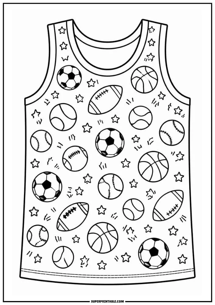 A vest featuring soccer balls, basketballs, footballs, baseballs, and stars.
