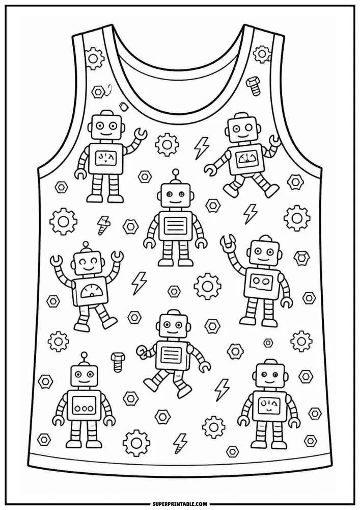 A vest covered with robots, gears, bolts, nuts, and lightning symbols.