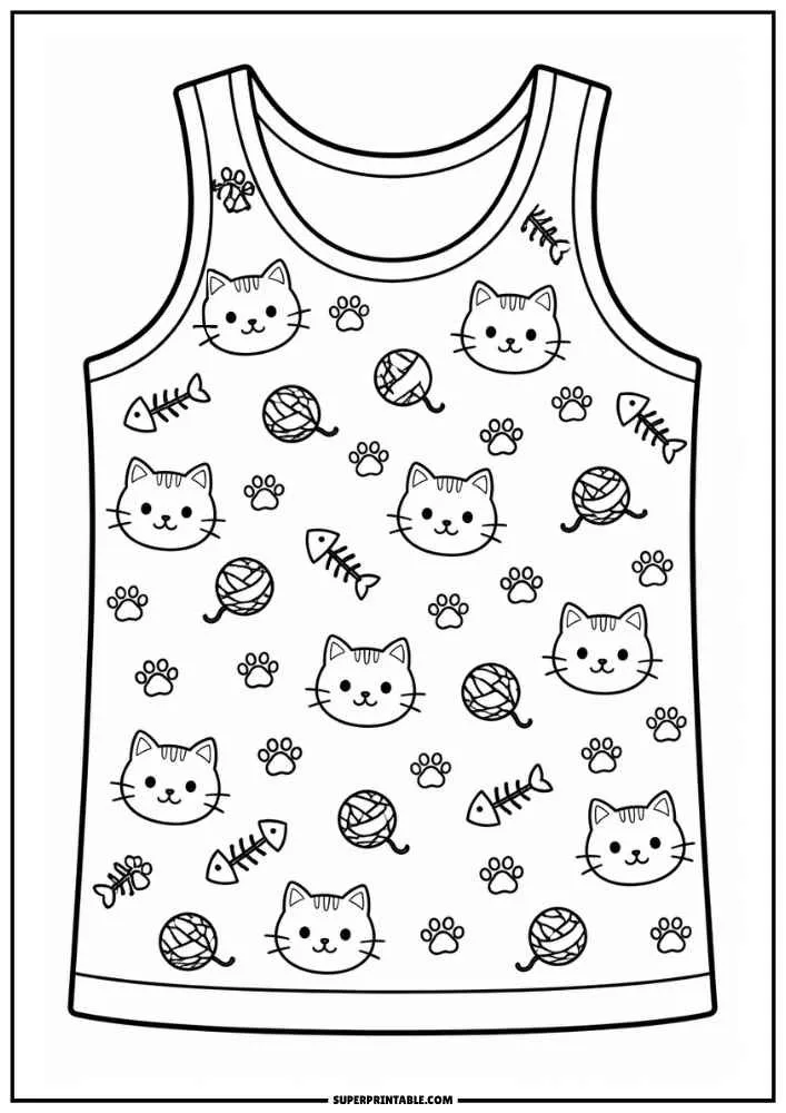 A vest featuring cat faces, paw prints, yarn balls, and fish bones.