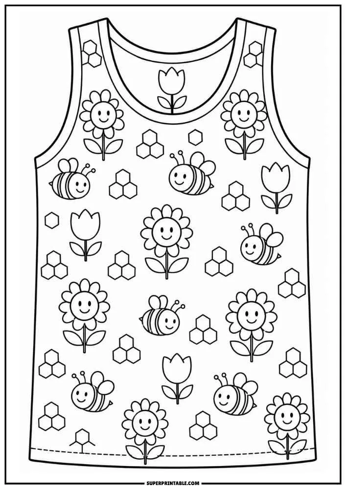 A vest decorated with bees, flowers, tulips, and honeycomb shapes.