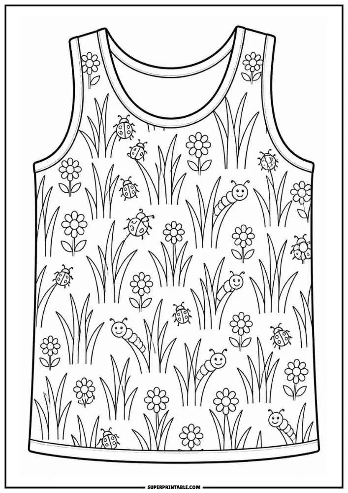 A vest covered with grass, flowers, ladybugs, and smiling caterpillars.