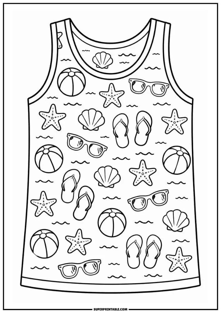 A vest featuring beach balls, flip-flops, shells, sunglasses, and starfish.