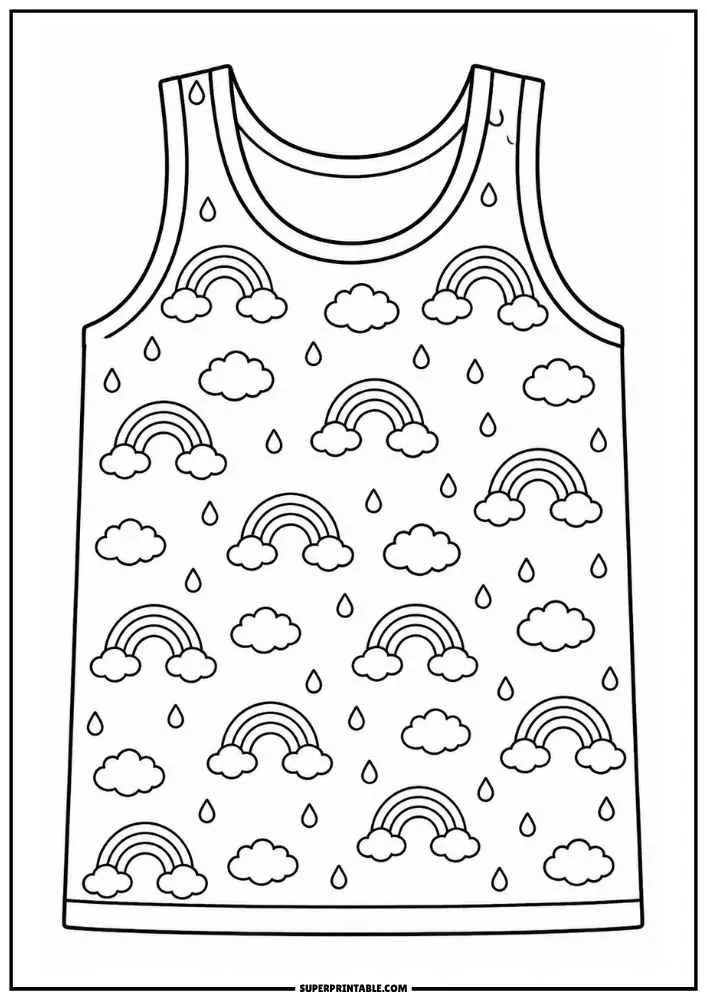 A vest decorated with rainbows, clouds, and raindrops.