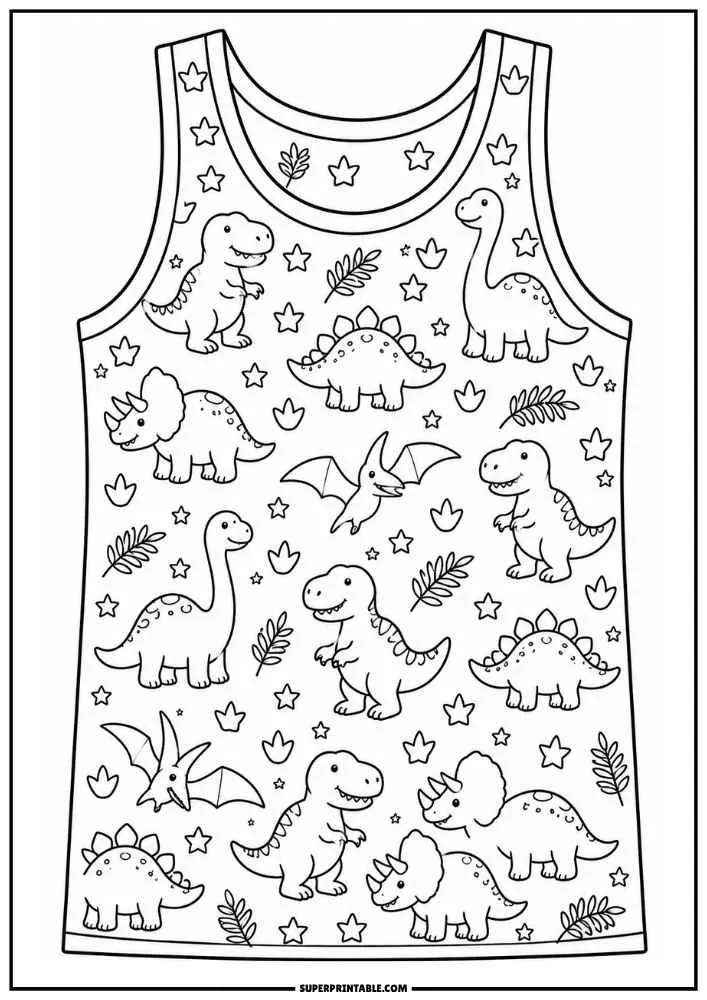 A vest filled with dinosaurs, leaves, stars, and dinosaur footprints.