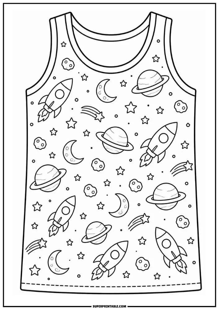 A vest decorated with rockets, planets, stars, moons, and asteroids.