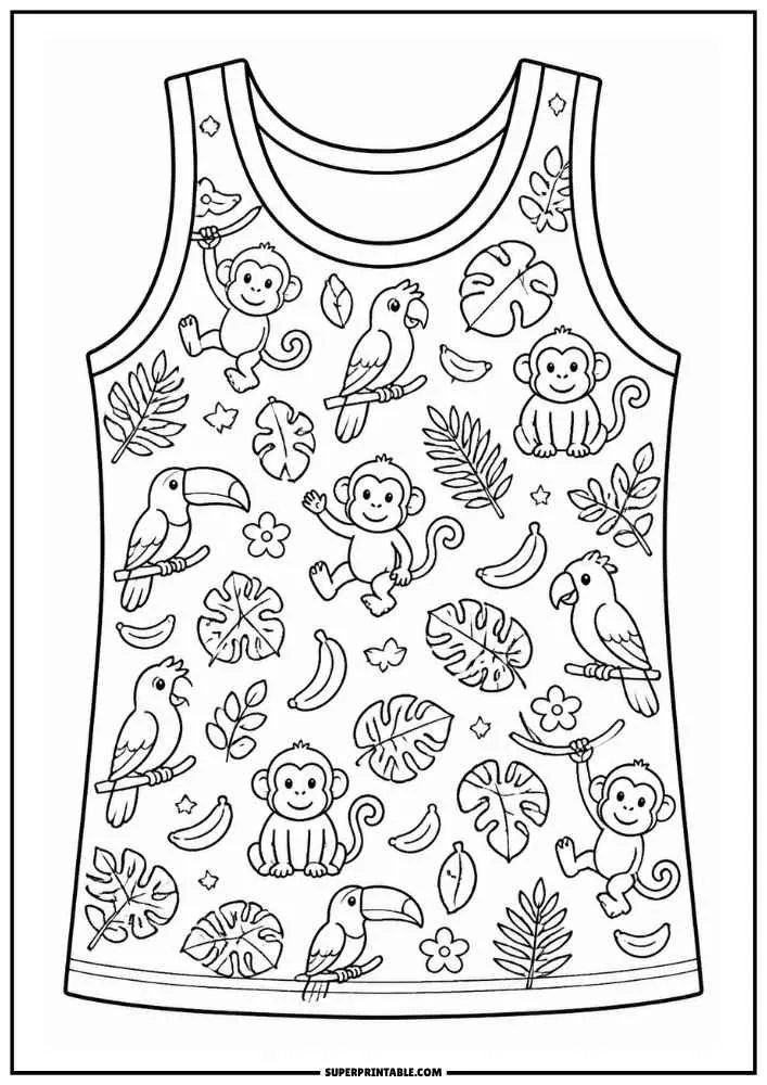 A vest featuring monkeys, tropical birds, bananas, and jungle leaves.