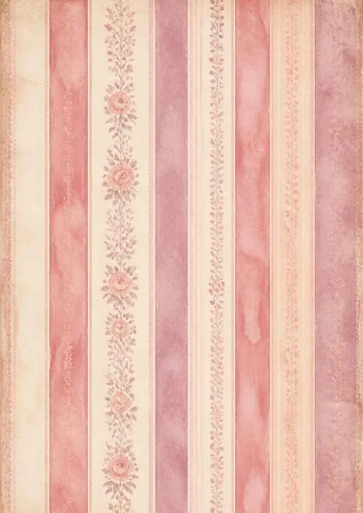 Pink striped wallpaper with floral vine borders and rose accents.