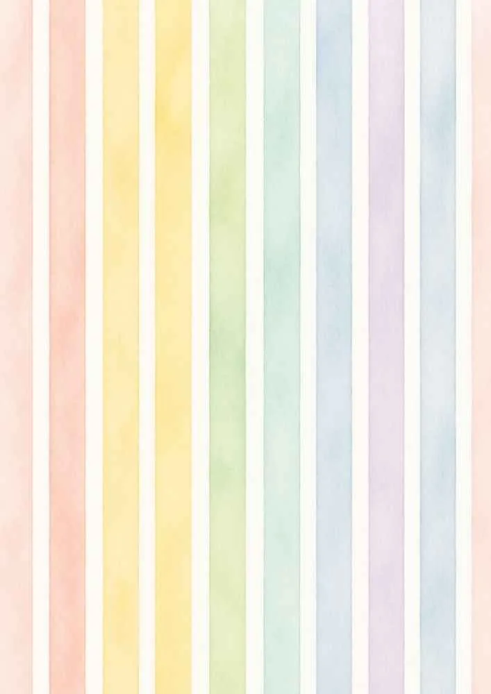 Vertical pastel rainbow stripes in pink, yellow, green, blue, and lavender.