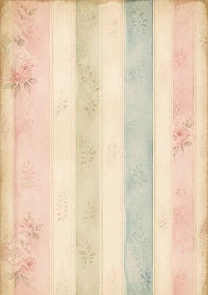 Floral striped pattern with faded roses and pastel watercolor panels.