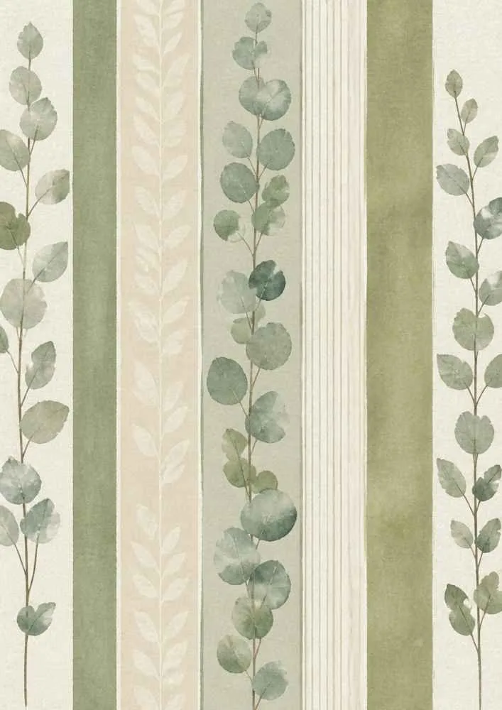 Green striped wallpaper with eucalyptus leaf branches.