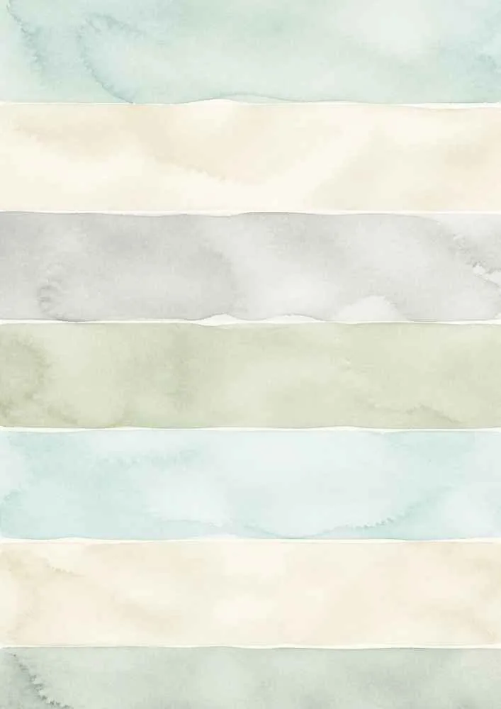 Horizontal watercolor stripes in blue, gray, green, and cream.