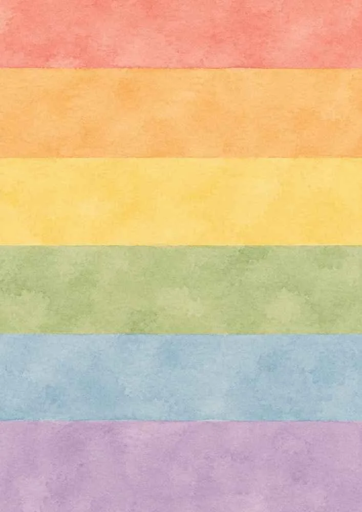 Horizontal pastel rainbow stripes in pink, orange, yellow, green, blue, and lavender.