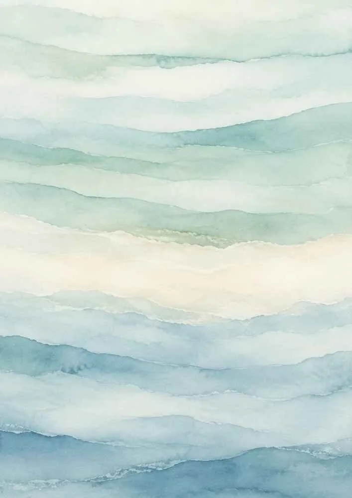 Layered watercolor waves in blue, aqua, and seafoam green.