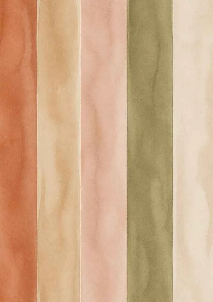 Wide watercolor stripes in terracotta, beige, blush, olive green, and cream.