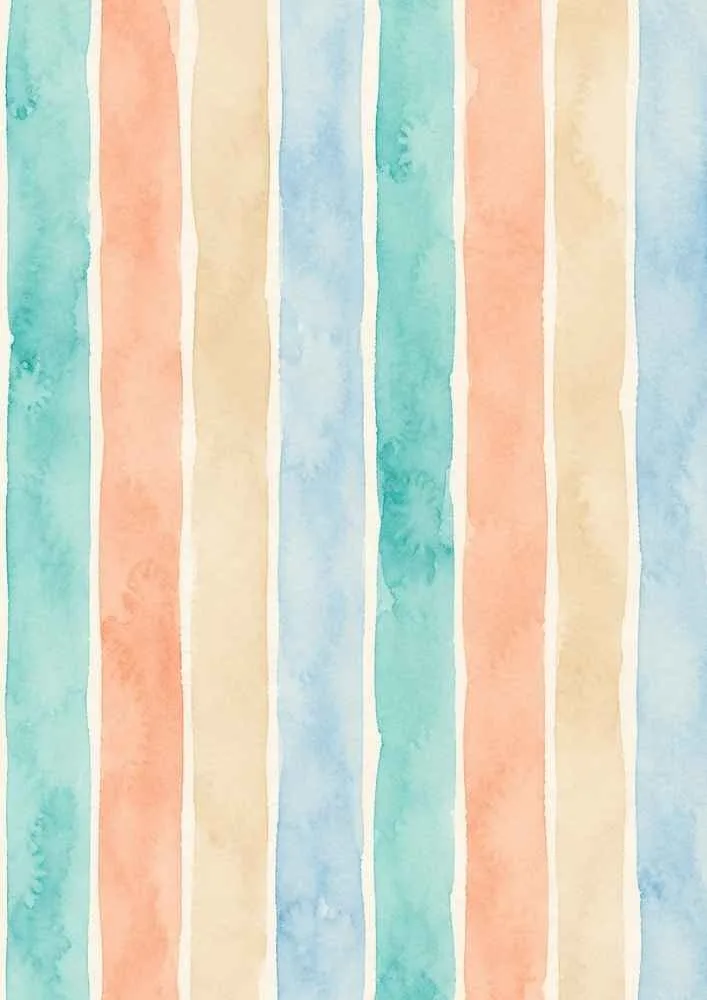 Vertical watercolor stripes in turquoise, peach, cream, and blue.