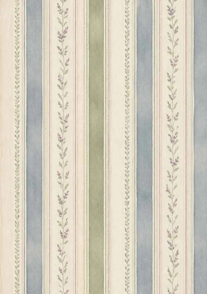 Pastel stripes with lavender flower vines and decorative borders.